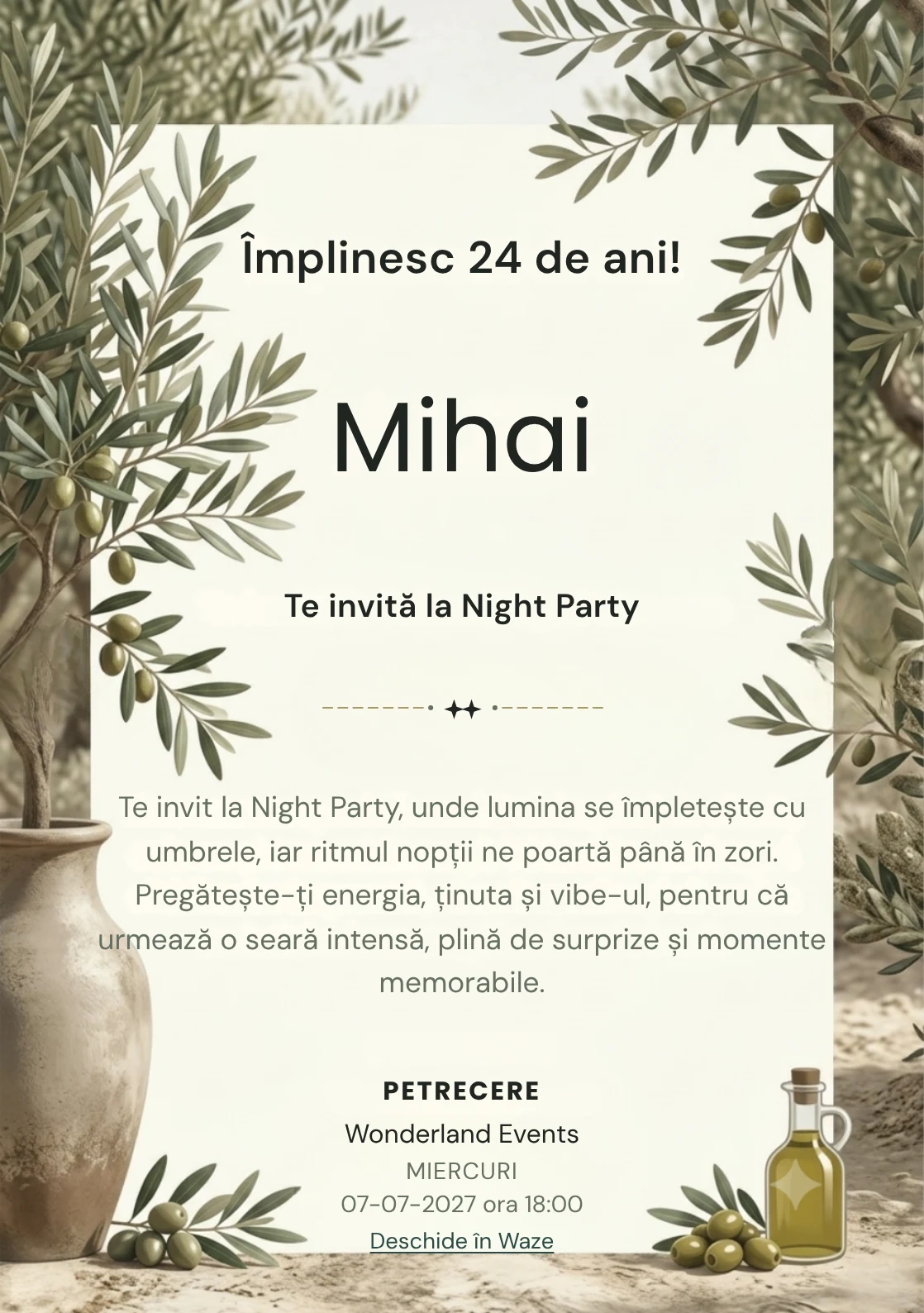 Modelul Livada de Măslini, invitație digitală pentru ziua de naștere a adulților, pune în valoare ramuri de măslin și un vas ceramic.