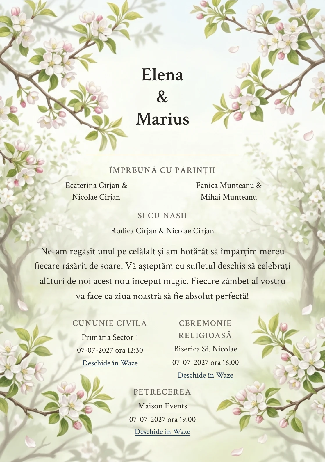 Livada Înflorită, pentru o invitație de nuntă, pune accent pe ramuri de livadă înflorită, alături de tonuri de alb livadă, verde măr pal și roz floare.