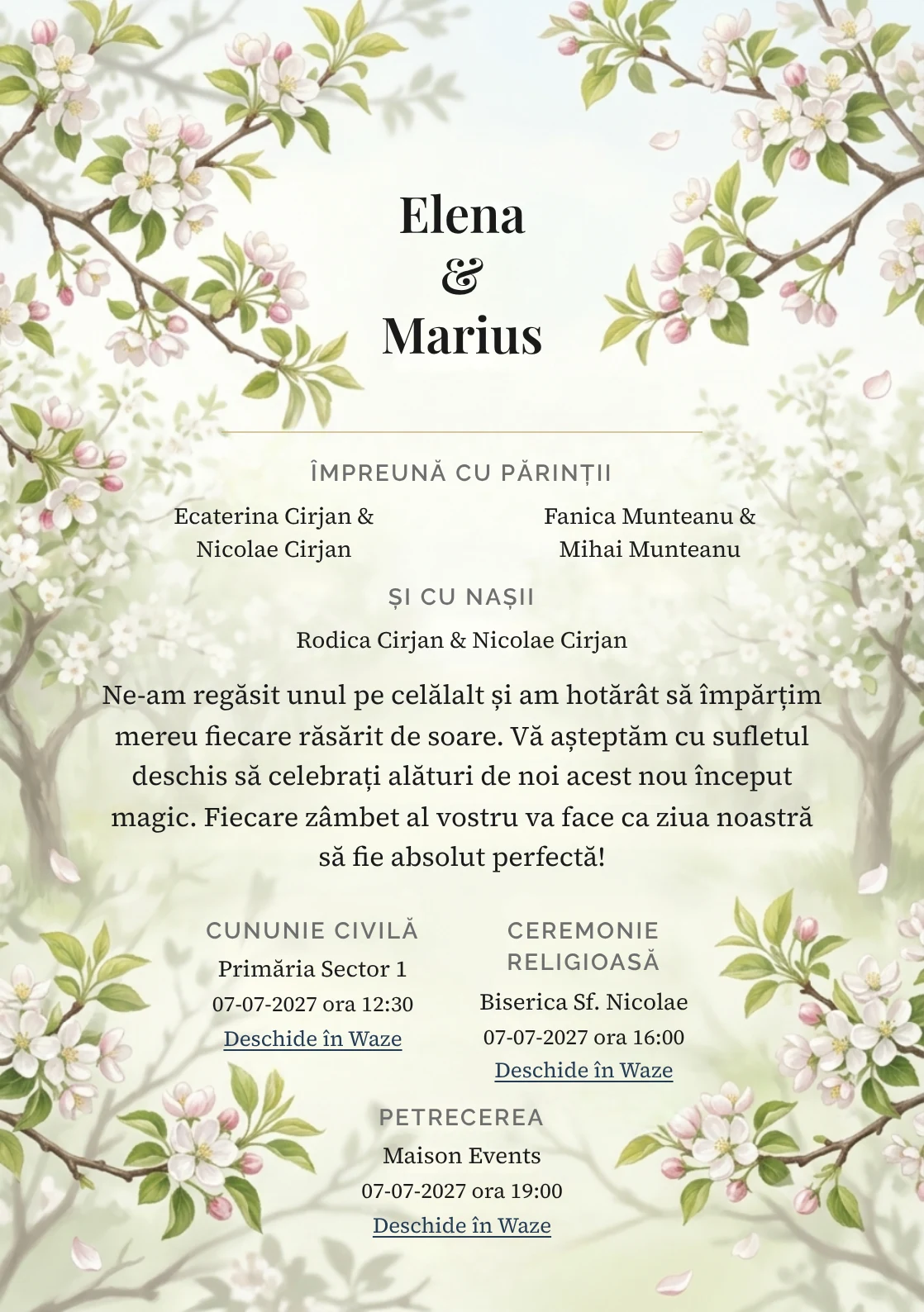 Livada Înflorită, pentru o invitație de nuntă, pune accent pe ramuri de livadă înflorită, alături de tonuri de alb livadă, verde măr pal și roz floare.