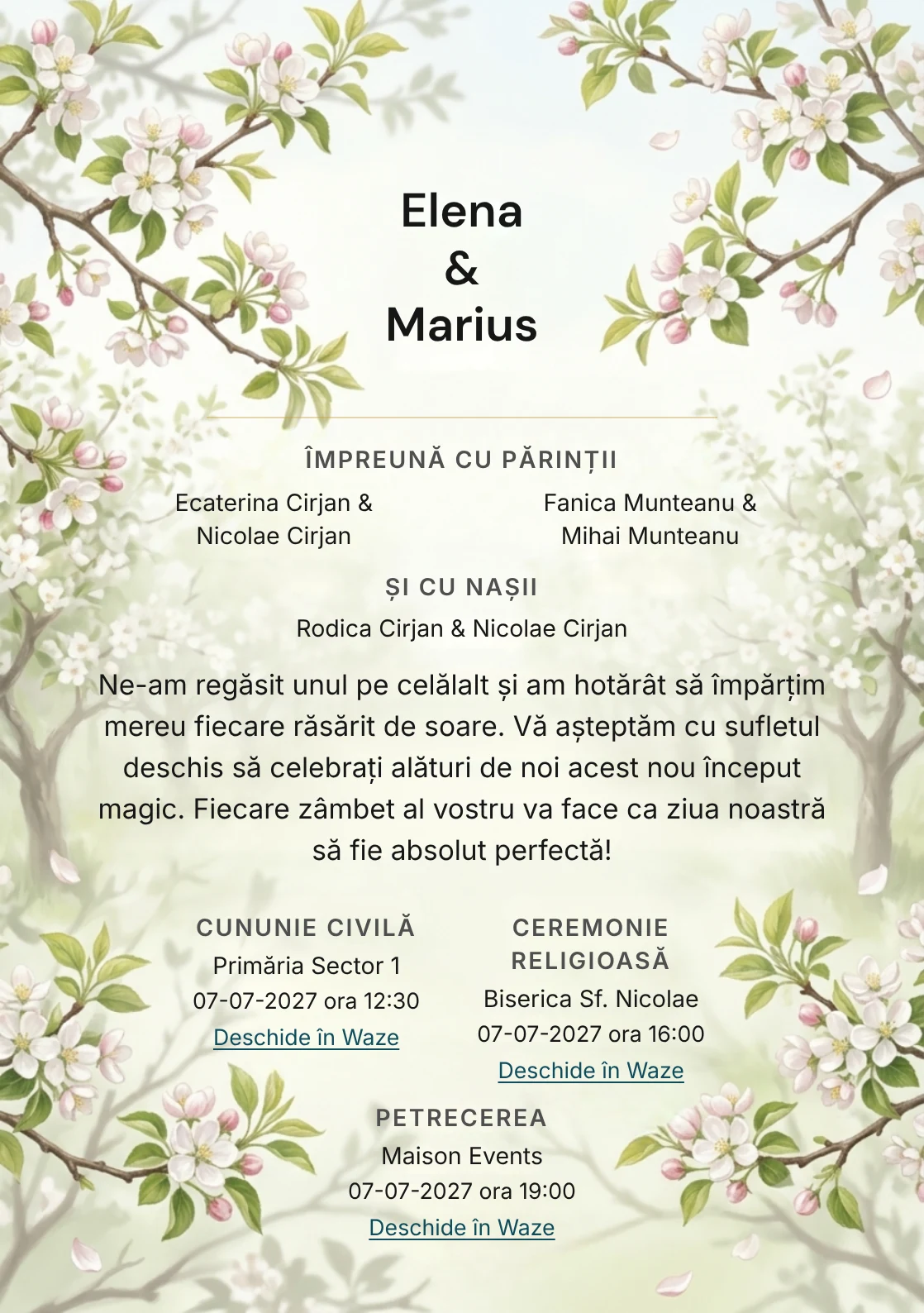 Livada Înflorită, pentru o invitație de nuntă, pune accent pe ramuri de livadă înflorită, alături de tonuri de alb livadă, verde măr pal și roz floare.