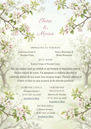 Livada Înflorită, pentru o invitație de nuntă, pune accent pe ramuri de livadă înflorită, alături de tonuri de alb livadă, verde măr pal și roz floare.