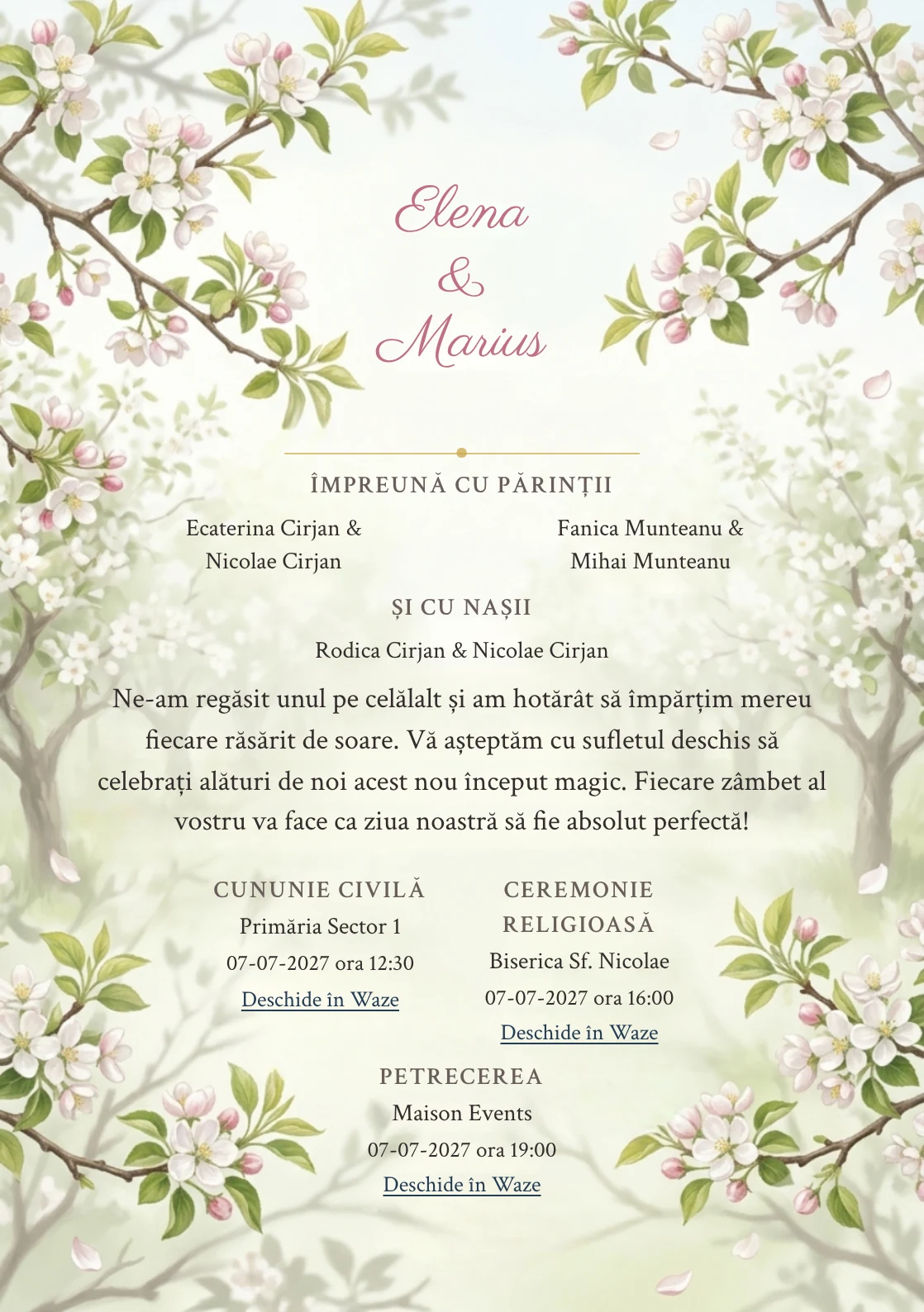 Livada Înflorită, pentru o invitație de nuntă, pune accent pe ramuri de livadă înflorită, alături de tonuri de alb livadă, verde măr pal și roz floare.