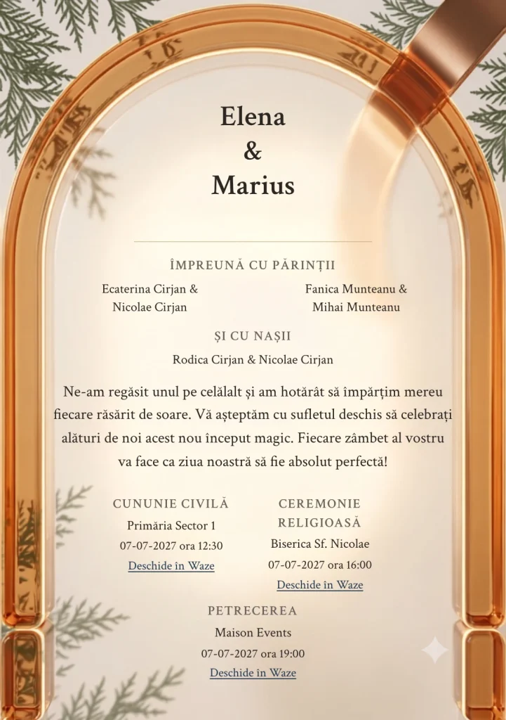 Imaginea Lumină de Chihlimbar, pentru invitații de nuntă, este definită de arc transparent chihlimbariu cu margini calde și tonuri de caramel transparent și fildeș cald.