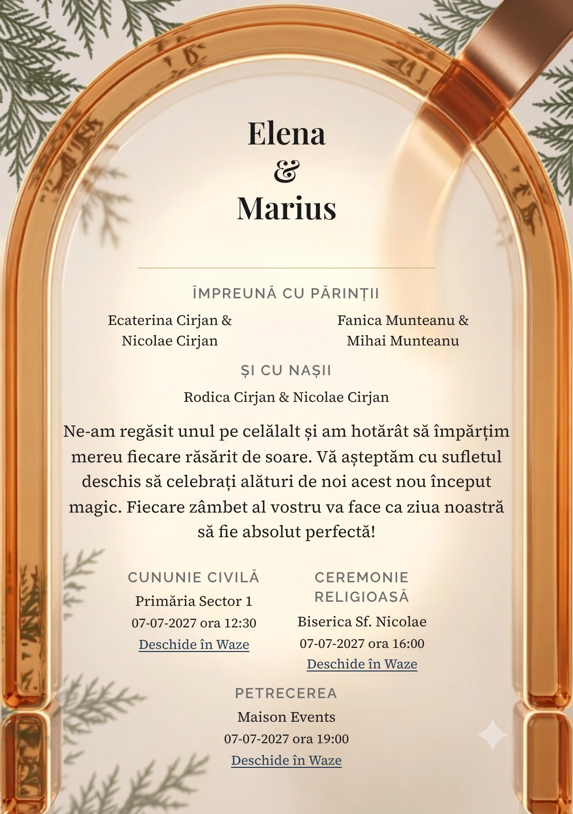 Imaginea Lumină de Chihlimbar, pentru invitații de nuntă, este definită de arc transparent chihlimbariu cu margini calde și tonuri de caramel transparent și fildeș cald.