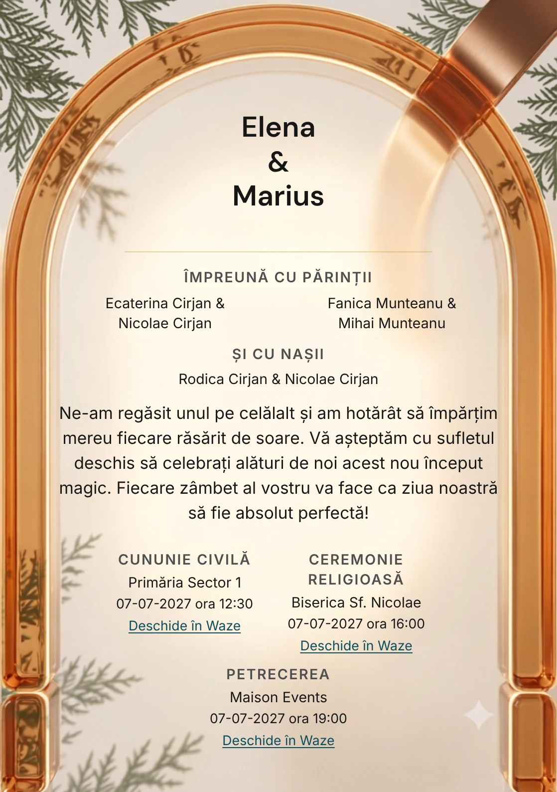 Imaginea Lumină de Chihlimbar, pentru invitații de nuntă, este definită de arc transparent chihlimbariu cu margini calde și tonuri de caramel transparent și fildeș cald.