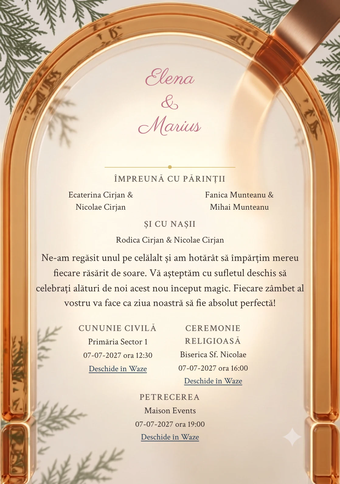 Imaginea Lumină de Chihlimbar, pentru invitații de nuntă, este definită de arc transparent chihlimbariu cu margini calde și tonuri de caramel transparent și fildeș cald.