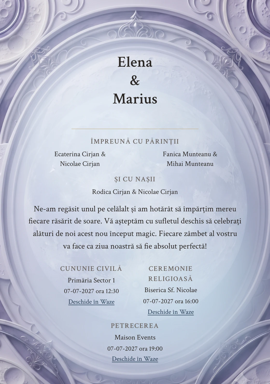 Lună în Relief, în colecția de invitații nuntă, are ca reper vizual medalion tridimensional cu relief lunar abstract, în nuanțe de lila ceramic, ivory rece și violet fumuriu.