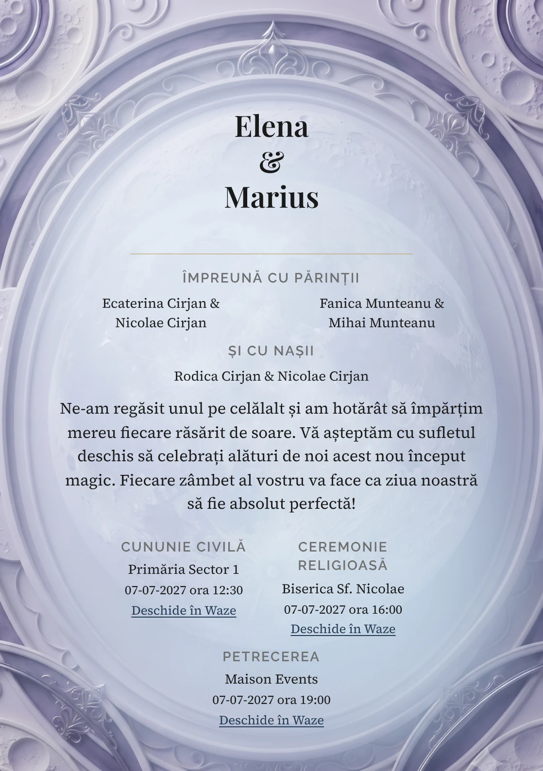 Lună în Relief, în colecția de invitații nuntă, are ca reper vizual medalion tridimensional cu relief lunar abstract, în nuanțe de lila ceramic, ivory rece și violet fumuriu.