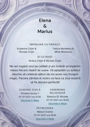Lună în Relief, în colecția de invitații nuntă, are ca reper vizual medalion tridimensional cu relief lunar abstract, în nuanțe de lila ceramic, ivory rece și violet fumuriu.