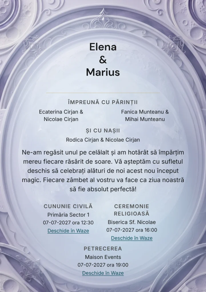 Lună în Relief, în colecția de invitații nuntă, are ca reper vizual medalion tridimensional cu relief lunar abstract, în nuanțe de lila ceramic, ivory rece și violet fumuriu.