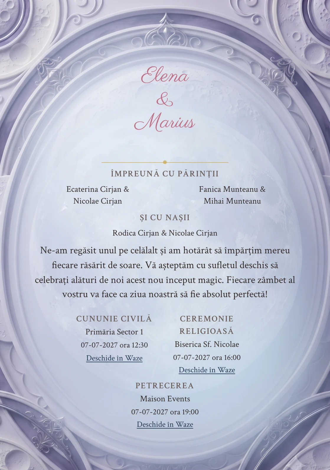 Lună în Relief, în colecția de invitații nuntă, are ca reper vizual medalion tridimensional cu relief lunar abstract, în nuanțe de lila ceramic, ivory rece și violet fumuriu.