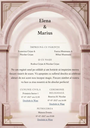 Marmură Pudrată, pentru o invitație de nuntă, pune accent pe arc de marmură roz cu suprafață mată, alături de tonuri de marmură roz pal, alb cald și burgundy stins.