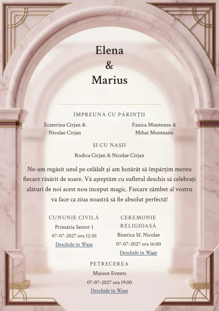 Marmură Pudrată, pentru o invitație de nuntă, pune accent pe arc de marmură roz cu suprafață mată, alături de tonuri de marmură roz pal, alb cald și burgundy stins.