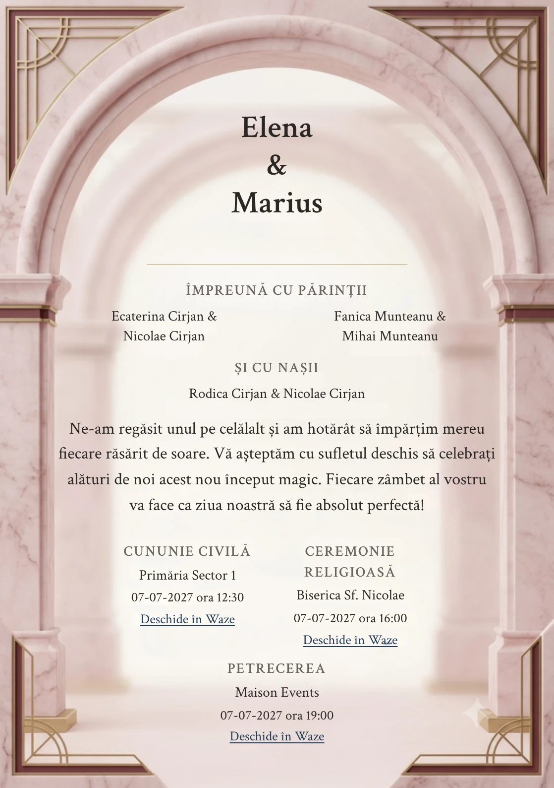 Marmură Pudrată, pentru o invitație de nuntă, pune accent pe arc de marmură roz cu suprafață mată, alături de tonuri de marmură roz pal, alb cald și burgundy stins.