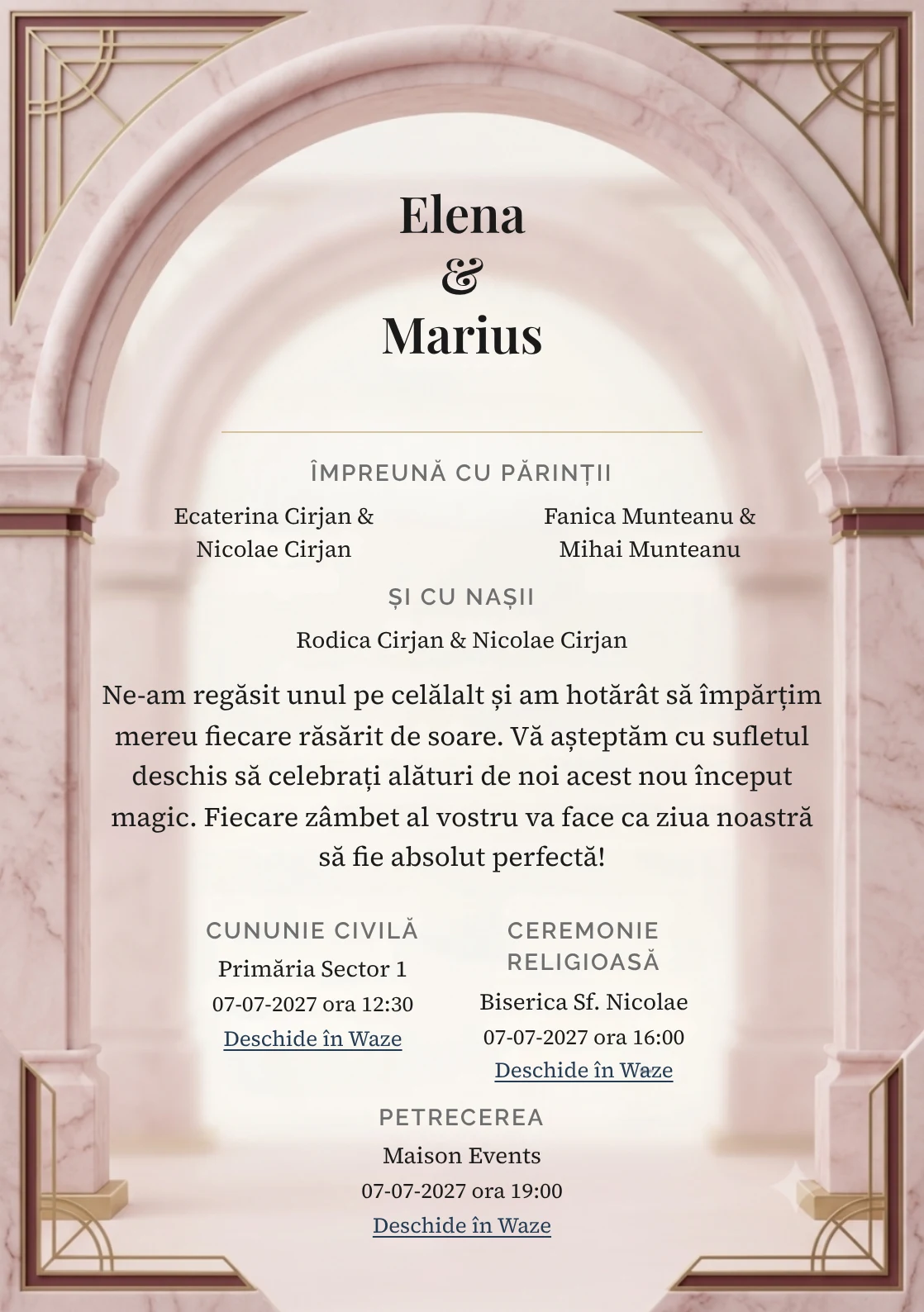 Marmură Pudrată, pentru o invitație de nuntă, pune accent pe arc de marmură roz cu suprafață mată, alături de tonuri de marmură roz pal, alb cald și burgundy stins.