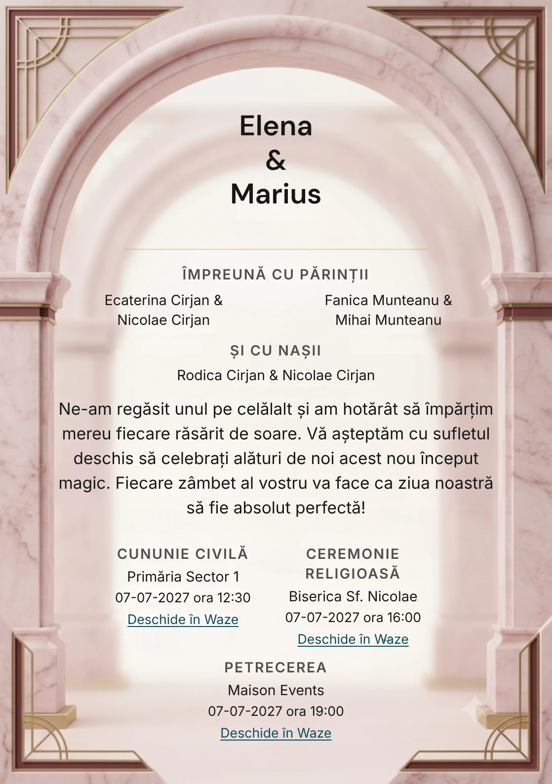 Marmură Pudrată, pentru o invitație de nuntă, pune accent pe arc de marmură roz cu suprafață mată, alături de tonuri de marmură roz pal, alb cald și burgundy stins.