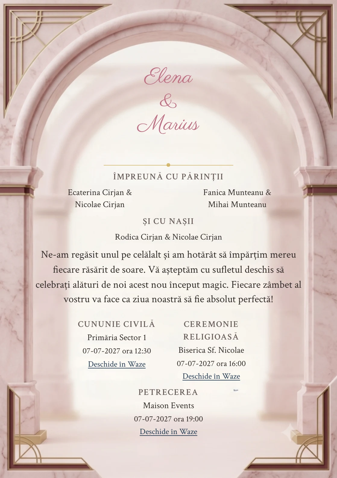 Marmură Pudrată, pentru o invitație de nuntă, pune accent pe arc de marmură roz cu suprafață mată, alături de tonuri de marmură roz pal, alb cald și burgundy stins.