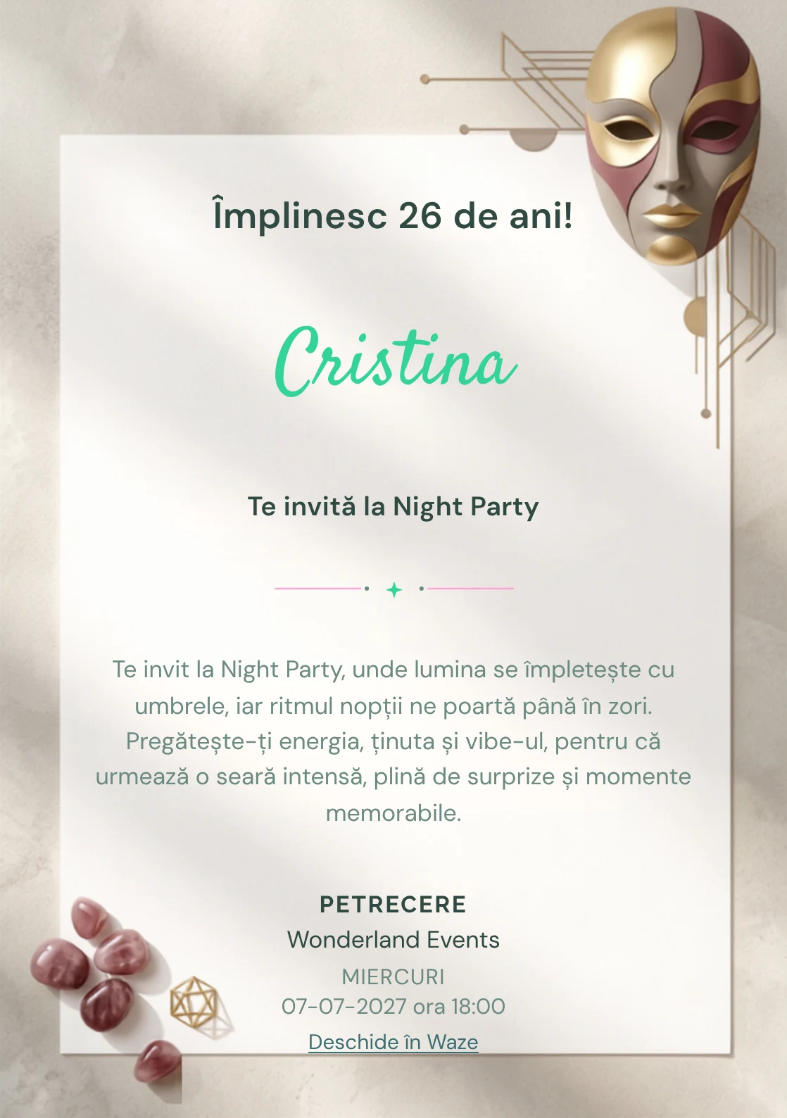 Pentru aniversarea adulților, modelul Masquerade Abstract propune o invitație digitală cu o mască abstractă și nuanțe de burgundy pal și auriu mat.