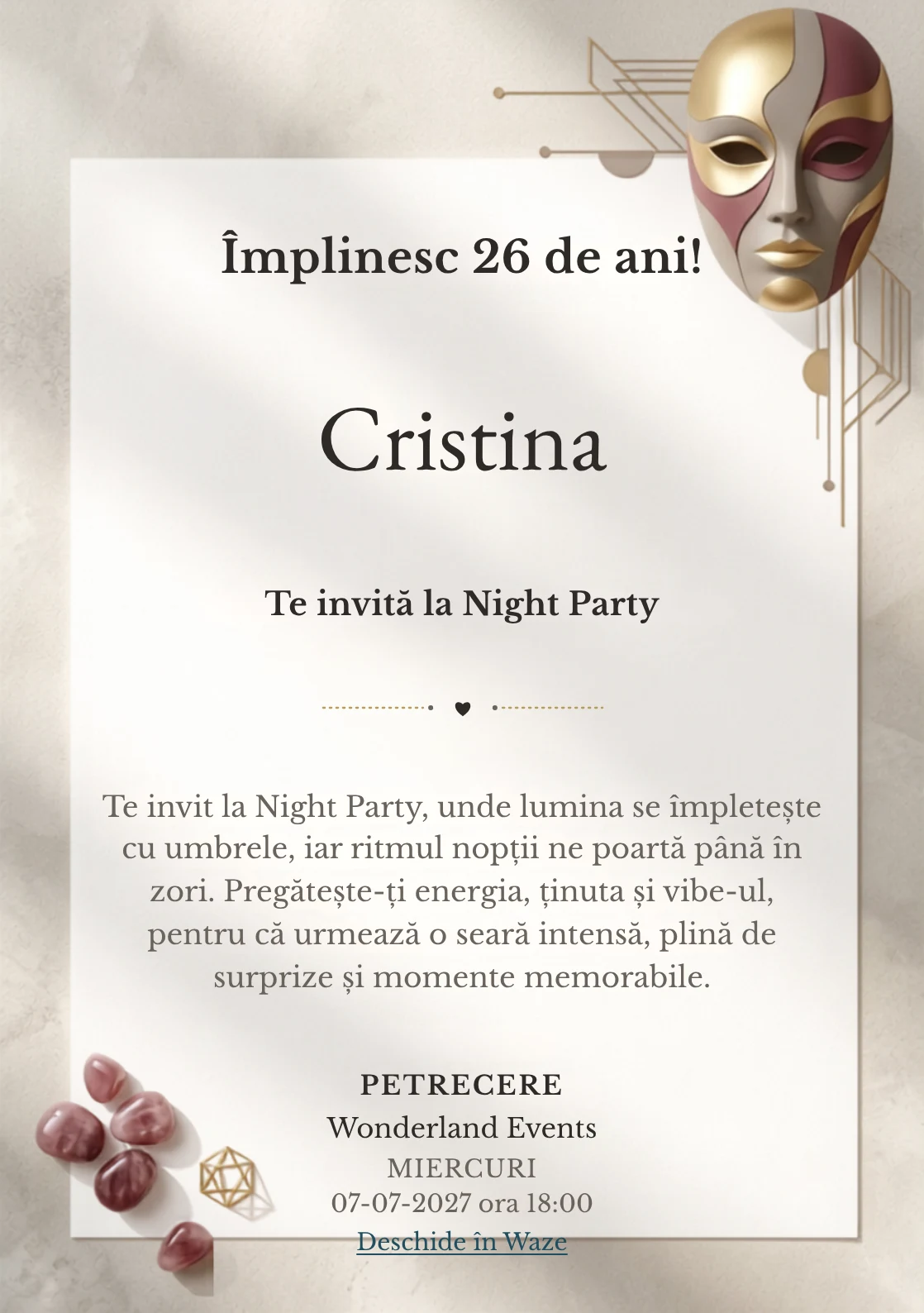 Pentru aniversarea adulților, modelul Masquerade Abstract propune o invitație digitală cu o mască abstractă și nuanțe de burgundy pal și auriu mat.