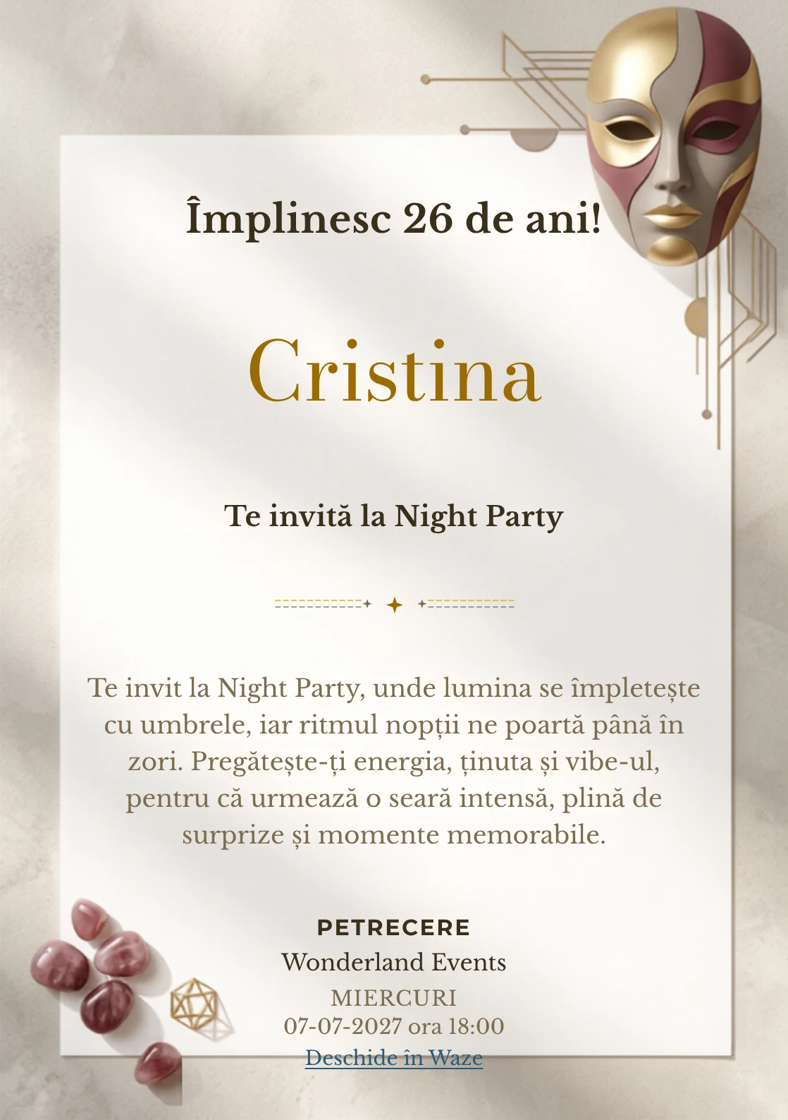 Pentru aniversarea adulților, modelul Masquerade Abstract propune o invitație digitală cu o mască abstractă și nuanțe de burgundy pal și auriu mat.