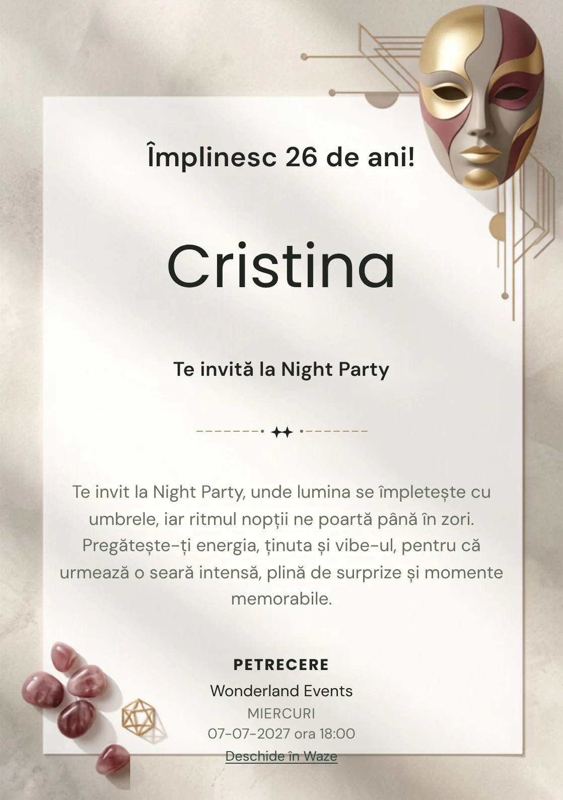 Pentru aniversarea adulților, modelul Masquerade Abstract propune o invitație digitală cu o mască abstractă și nuanțe de burgundy pal și auriu mat.