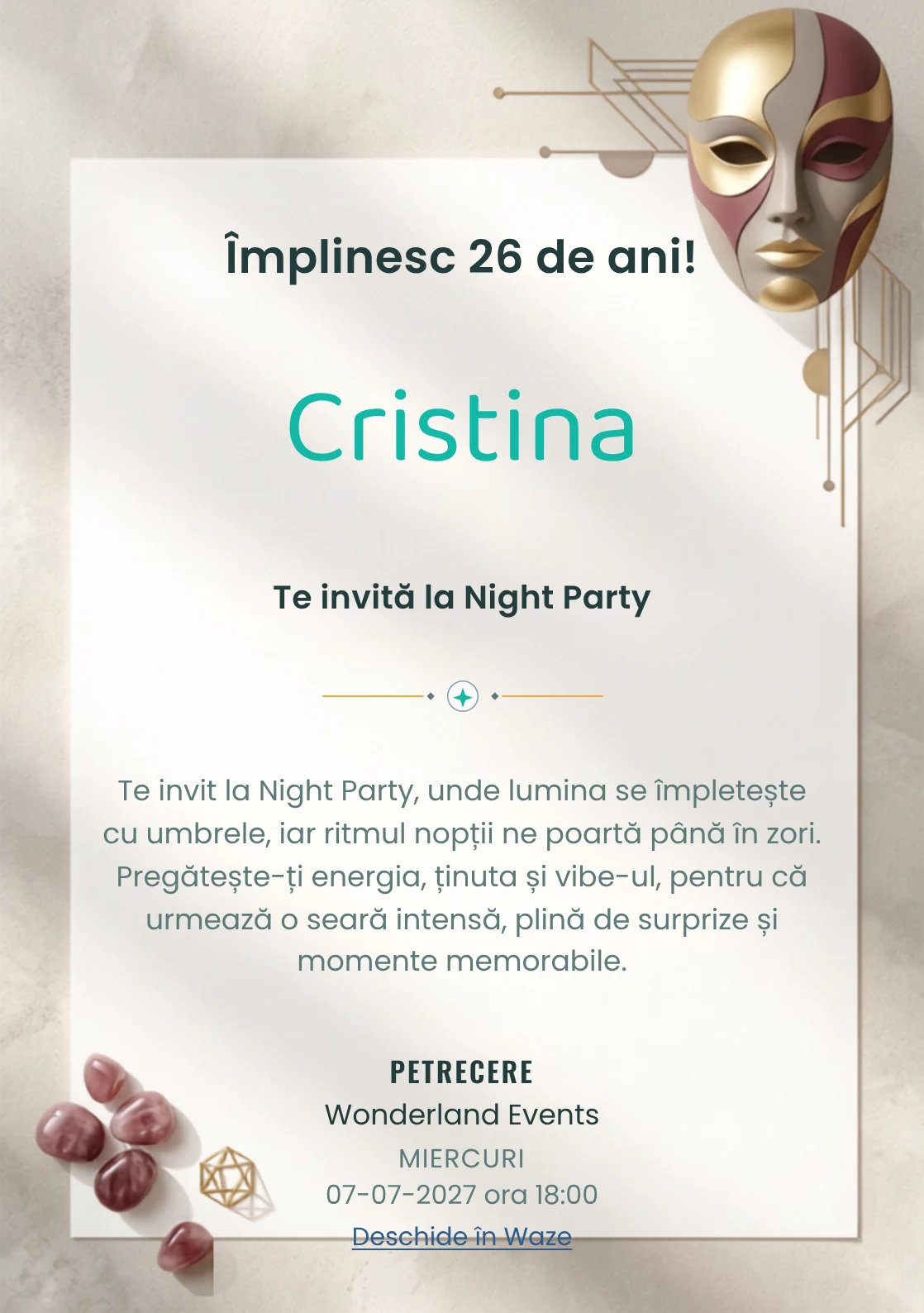 Pentru aniversarea adulților, modelul Masquerade Abstract propune o invitație digitală cu o mască abstractă și nuanțe de burgundy pal și auriu mat.