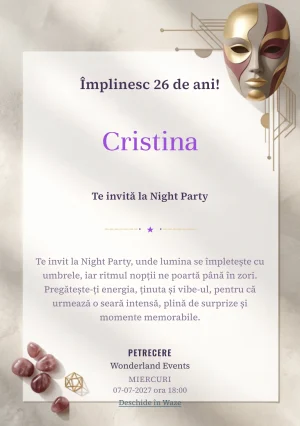 Pentru aniversarea adulților, modelul Masquerade Abstract propune o invitație digitală cu o mască abstractă și nuanțe de burgundy pal și auriu mat.
