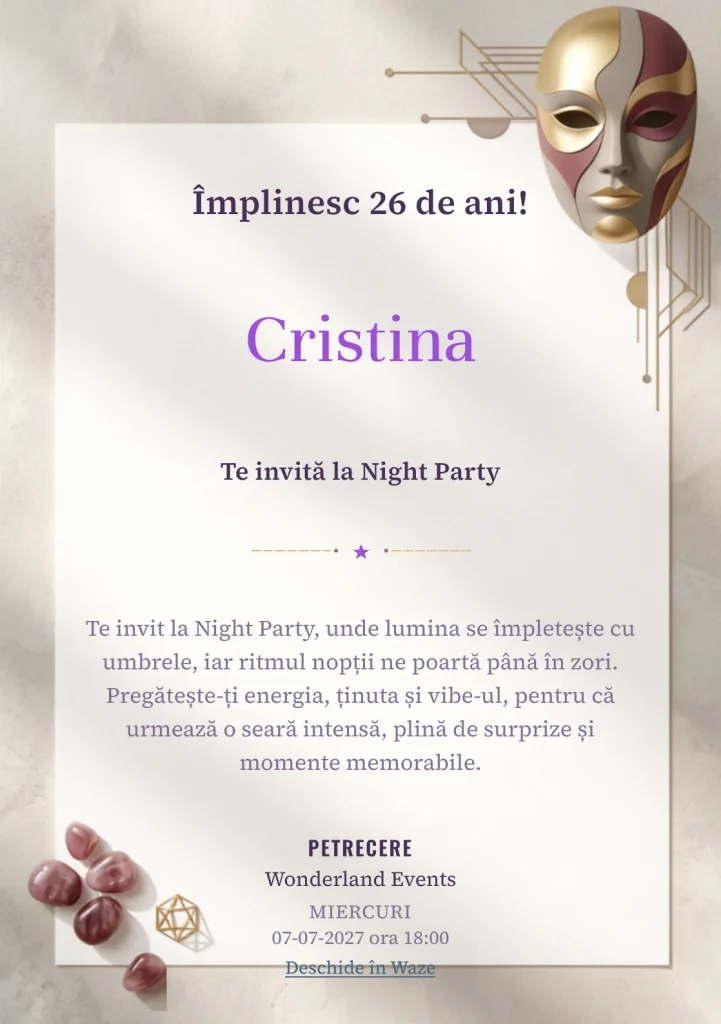 Pentru aniversarea adulților, modelul Masquerade Abstract propune o invitație digitală cu o mască abstractă și nuanțe de burgundy pal și auriu mat.