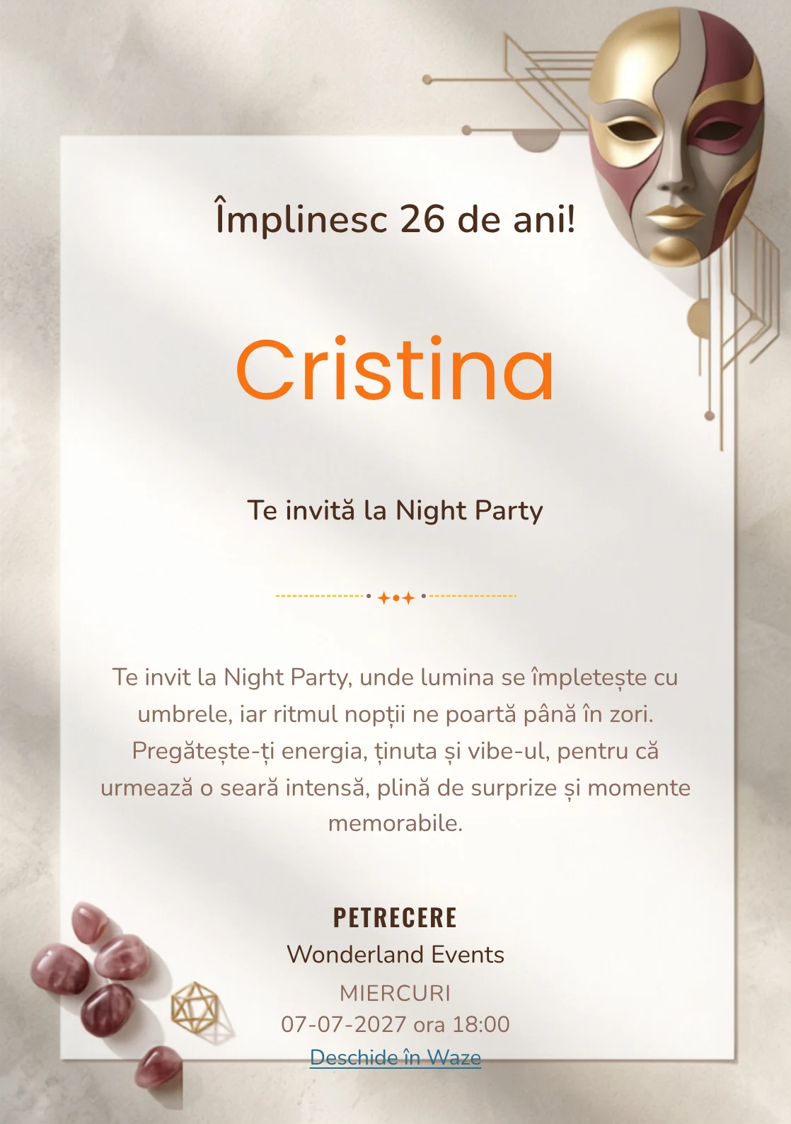 Pentru aniversarea adulților, modelul Masquerade Abstract propune o invitație digitală cu o mască abstractă și nuanțe de burgundy pal și auriu mat.