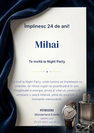 Mătase și Lumină, invitație digitală aniversară pentru adulți, combină un drapaj fin luminat cu o undă textilă elegantă.