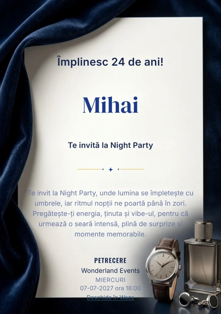 Mătase și Lumină, invitație digitală aniversară pentru adulți, combină un drapaj fin luminat cu o undă textilă elegantă.