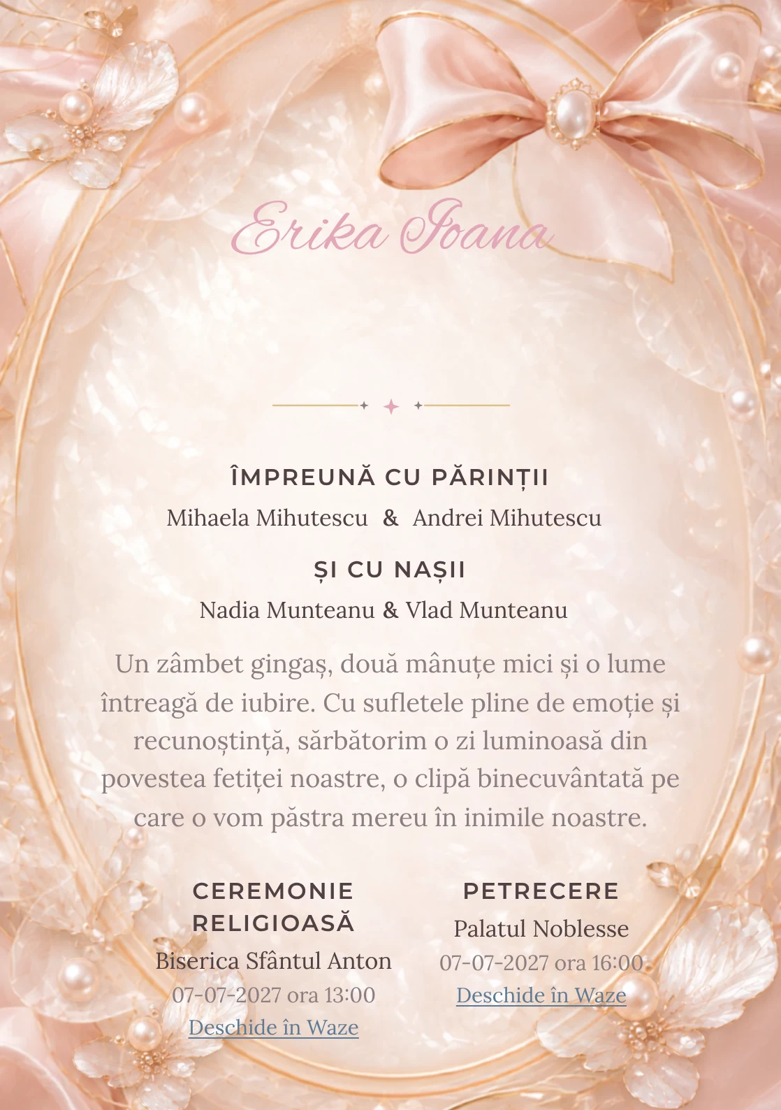 Medalion Sidefat propune, din gama de invitații botez, un medalion oval sidefat cu fundă volumetrică și perle, pliuri și muchii aurii discrete.