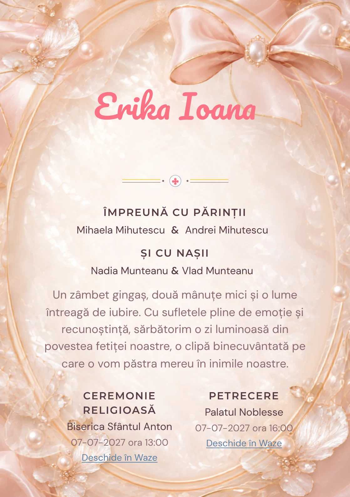Medalion Sidefat propune, din gama de invitații botez, un medalion oval sidefat cu fundă volumetrică și perle, pliuri și muchii aurii discrete.