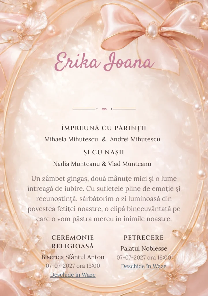 Medalion Sidefat propune, din gama de invitații botez, un medalion oval sidefat cu fundă volumetrică și perle, pliuri și muchii aurii discrete.