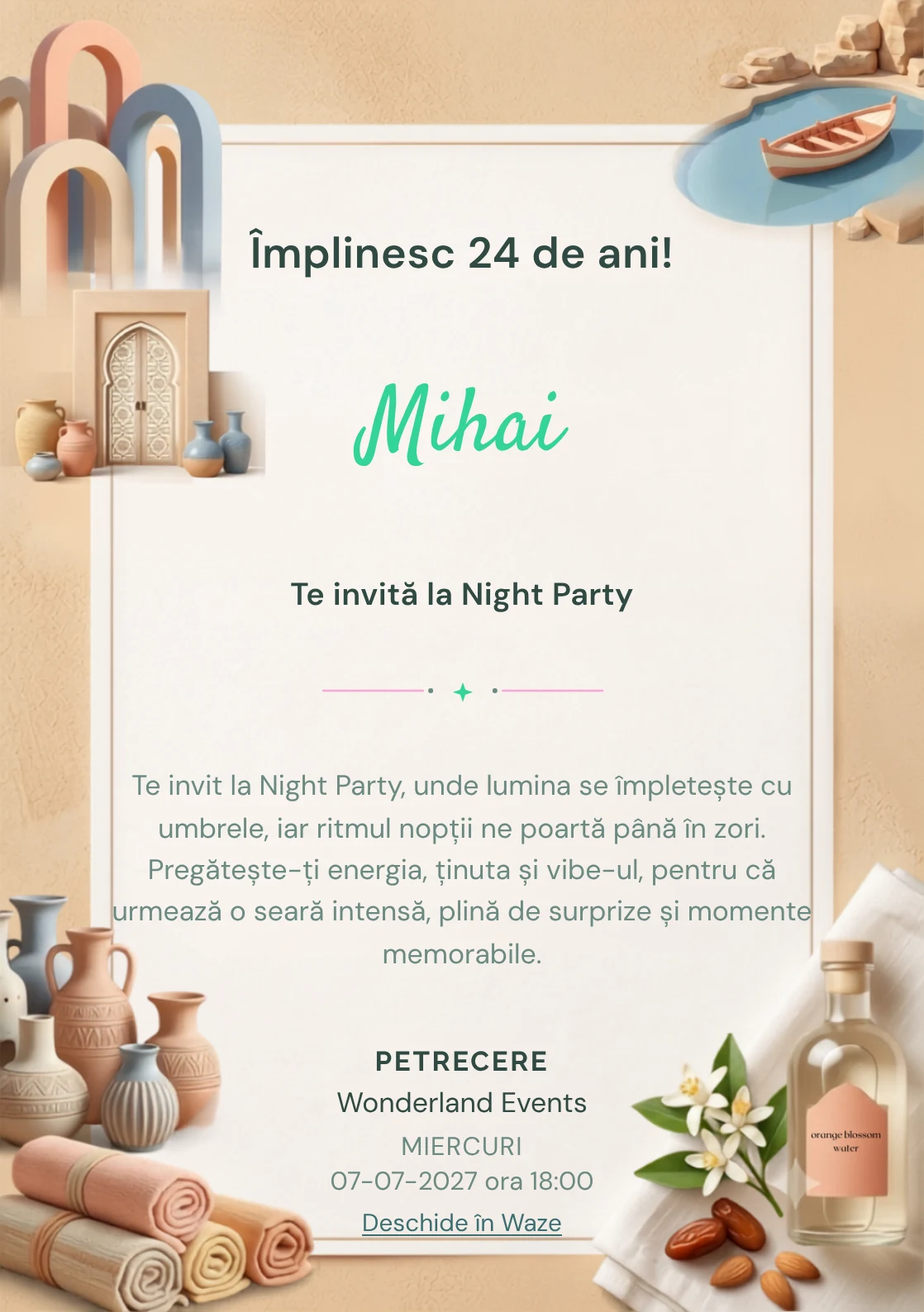 Modelul Medina Pastel, invitație digitală pentru ziua de naștere a adulților, pune în valoare o poartă decorativă și vase ceramice.