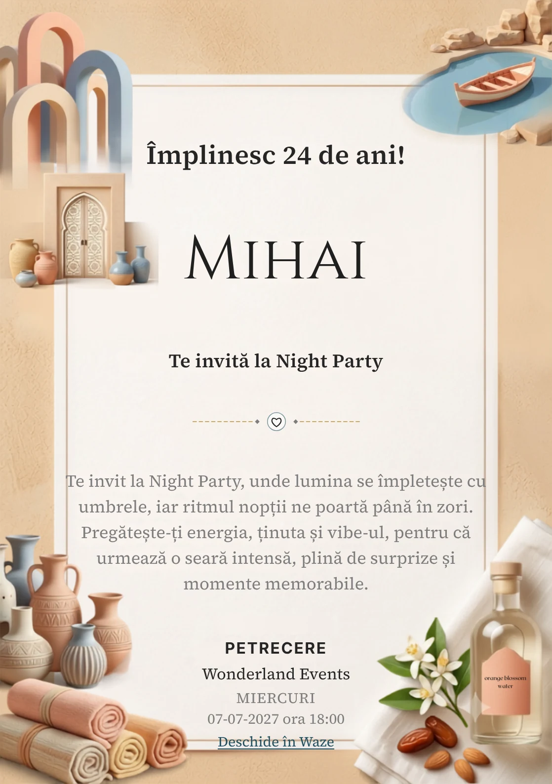 Modelul Medina Pastel, invitație digitală pentru ziua de naștere a adulților, pune în valoare o poartă decorativă și vase ceramice.