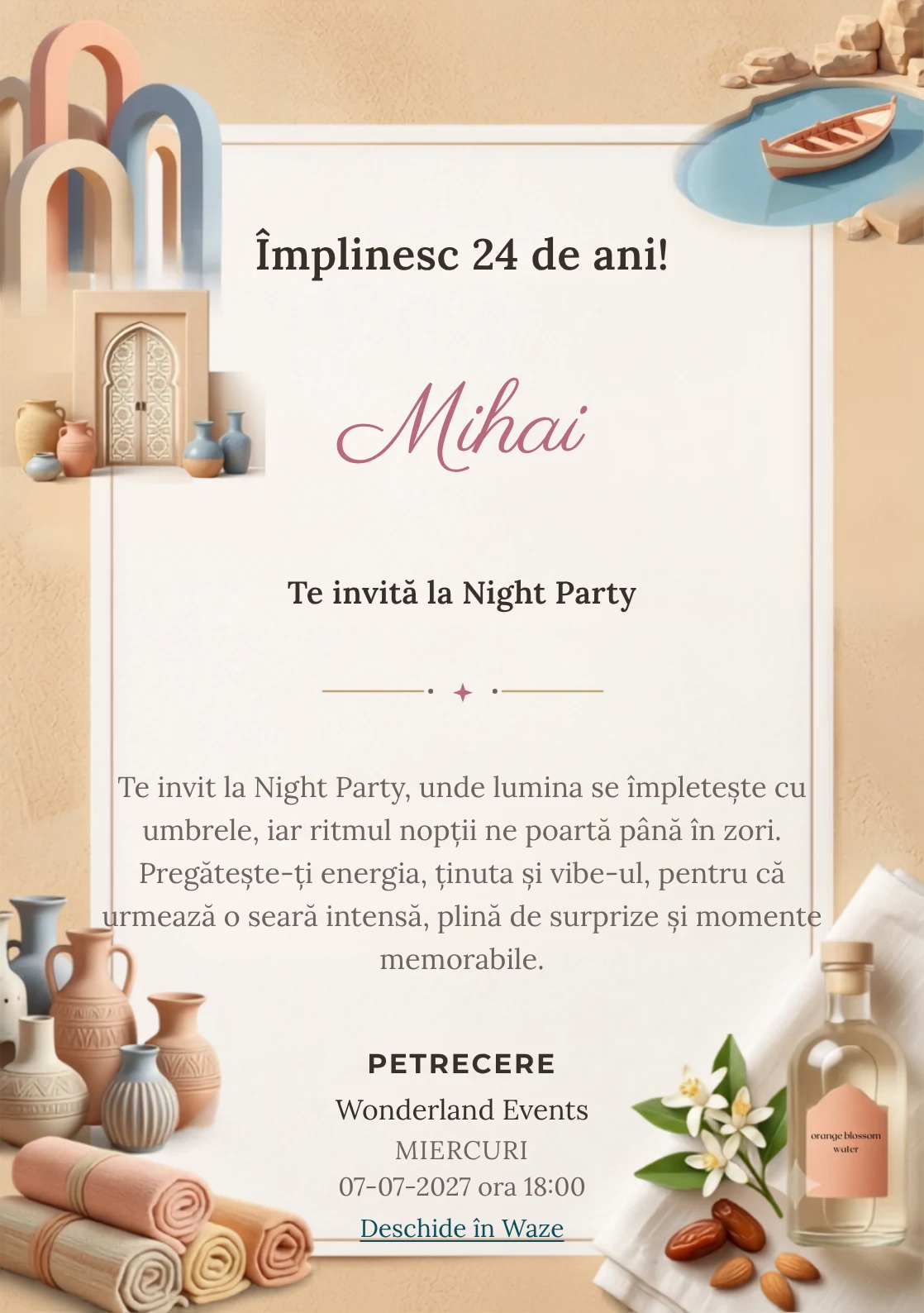 Modelul Medina Pastel, invitație digitală pentru ziua de naștere a adulților, pune în valoare o poartă decorativă și vase ceramice.