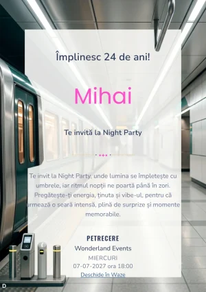 Modelul Metrou Modern, invitație digitală pentru ziua de naștere a adulților, pune în valoare un tren abstract.