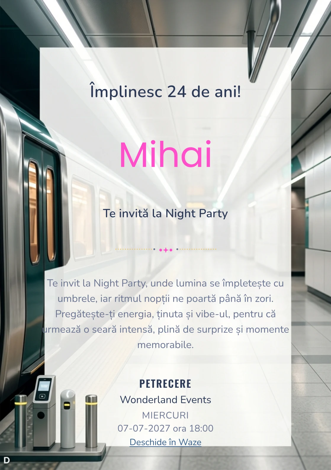 Modelul Metrou Modern, invitație digitală pentru ziua de naștere a adulților, pune în valoare un tren abstract.
