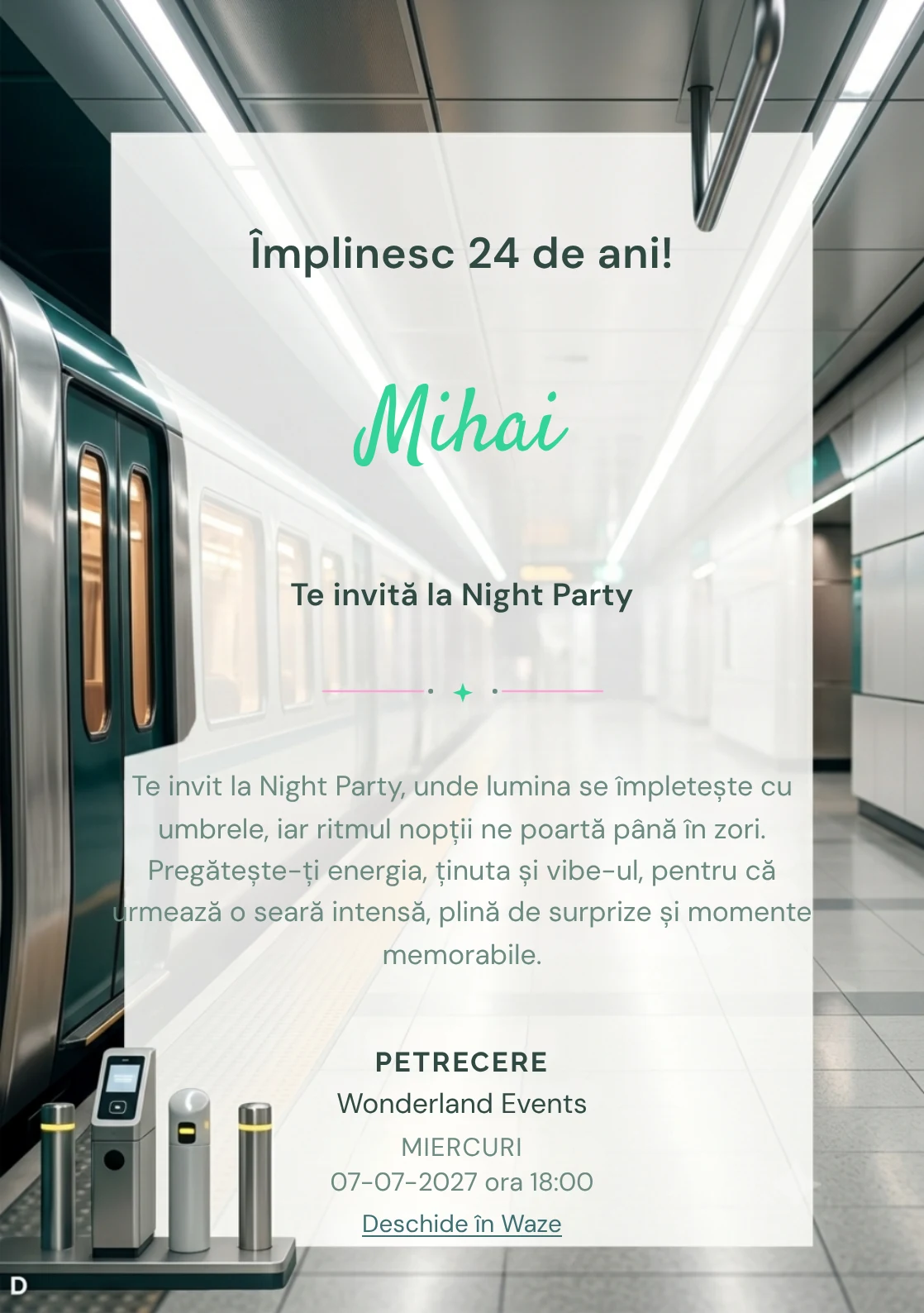 Modelul Metrou Modern, invitație digitală pentru ziua de naștere a adulților, pune în valoare un tren abstract.
