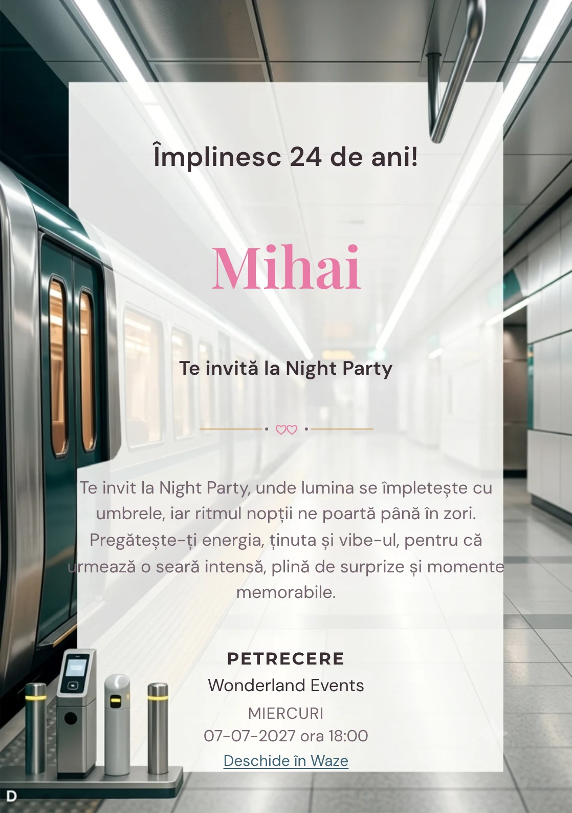 Modelul Metrou Modern, invitație digitală pentru ziua de naștere a adulților, pune în valoare un tren abstract.