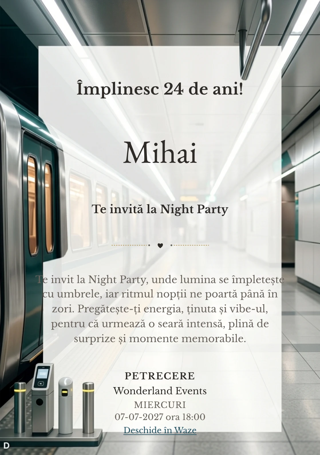 Modelul Metrou Modern, invitație digitală pentru ziua de naștere a adulților, pune în valoare un tren abstract.