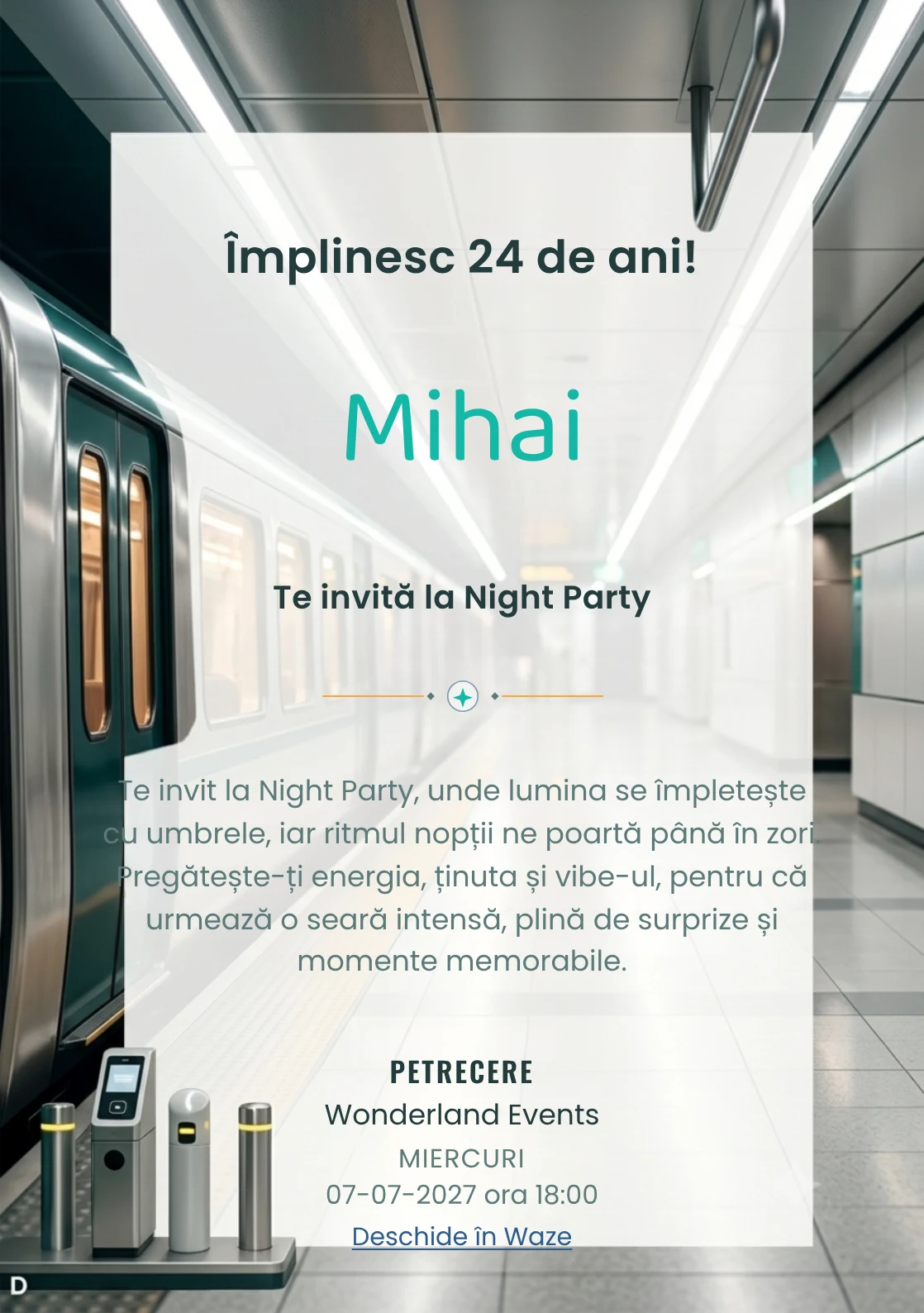 Modelul Metrou Modern, invitație digitală pentru ziua de naștere a adulților, pune în valoare un tren abstract.
