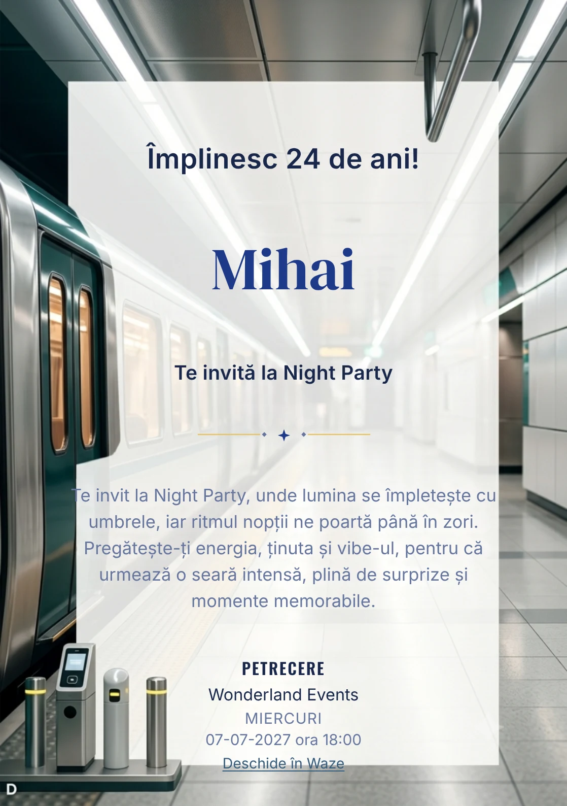 Modelul Metrou Modern, invitație digitală pentru ziua de naștere a adulților, pune în valoare un tren abstract.