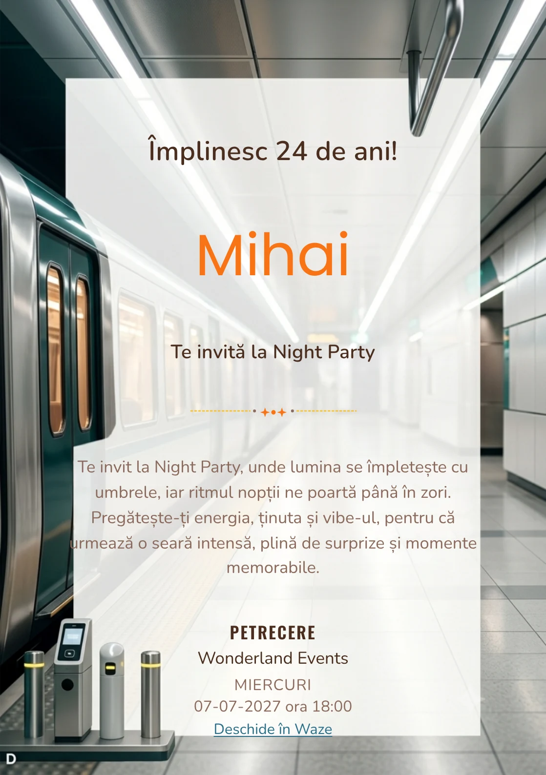 Modelul Metrou Modern, invitație digitală pentru ziua de naștere a adulților, pune în valoare un tren abstract.