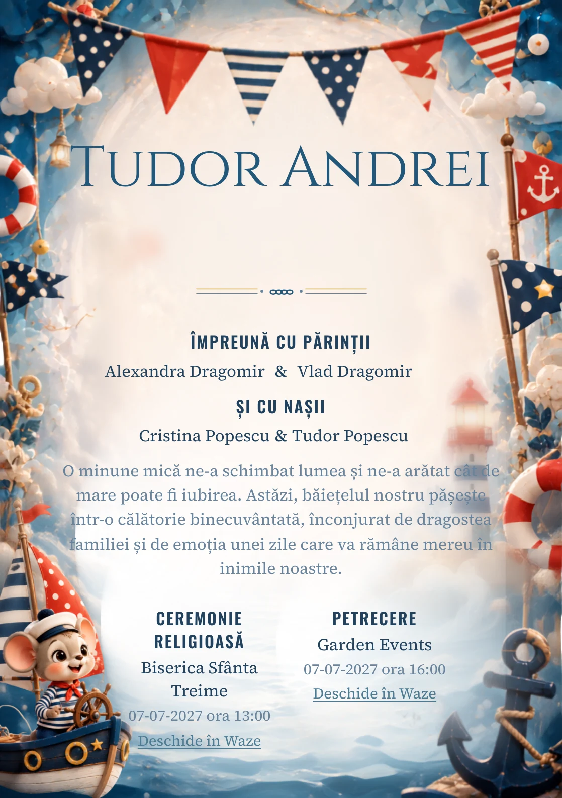 Designul Mickey Marinar, din gama de invitații digitale botez, reunește Mickey Mouse într-o barcă imaginară cu vele grafice cu ancore și colaci.