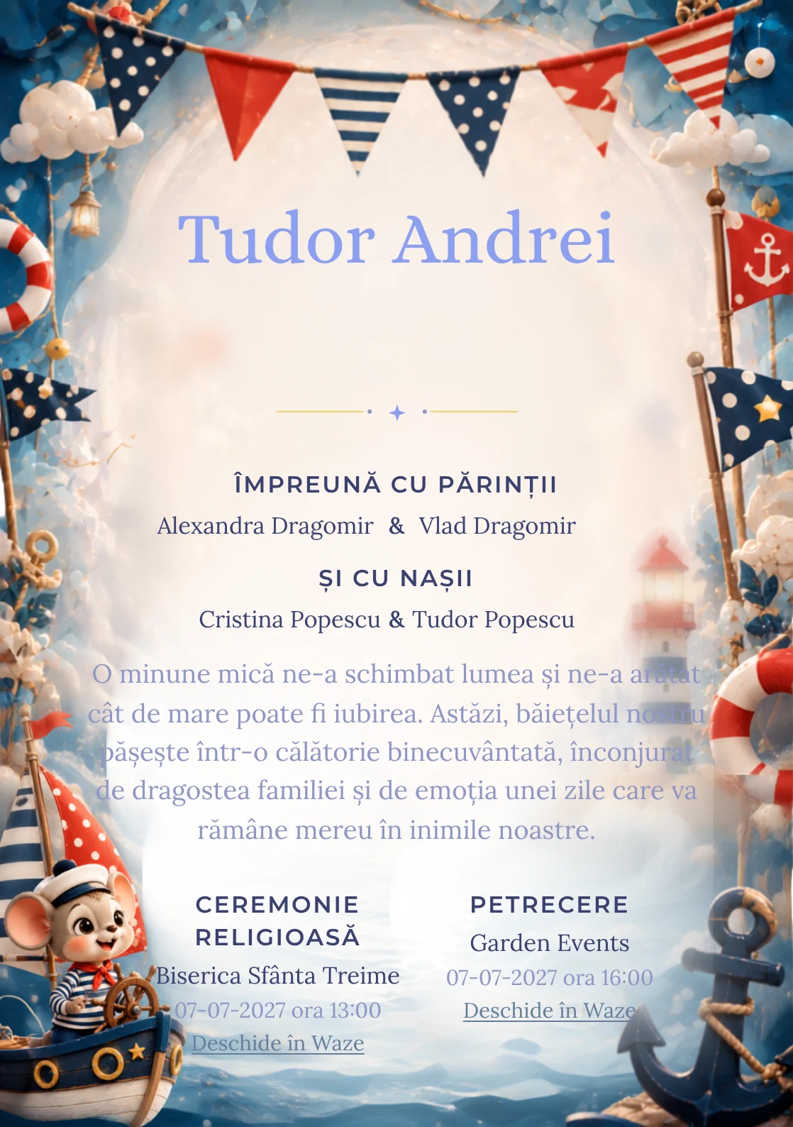 Designul Mickey Marinar, din gama de invitații digitale botez, reunește Mickey Mouse într-o barcă imaginară cu vele grafice cu ancore și colaci.