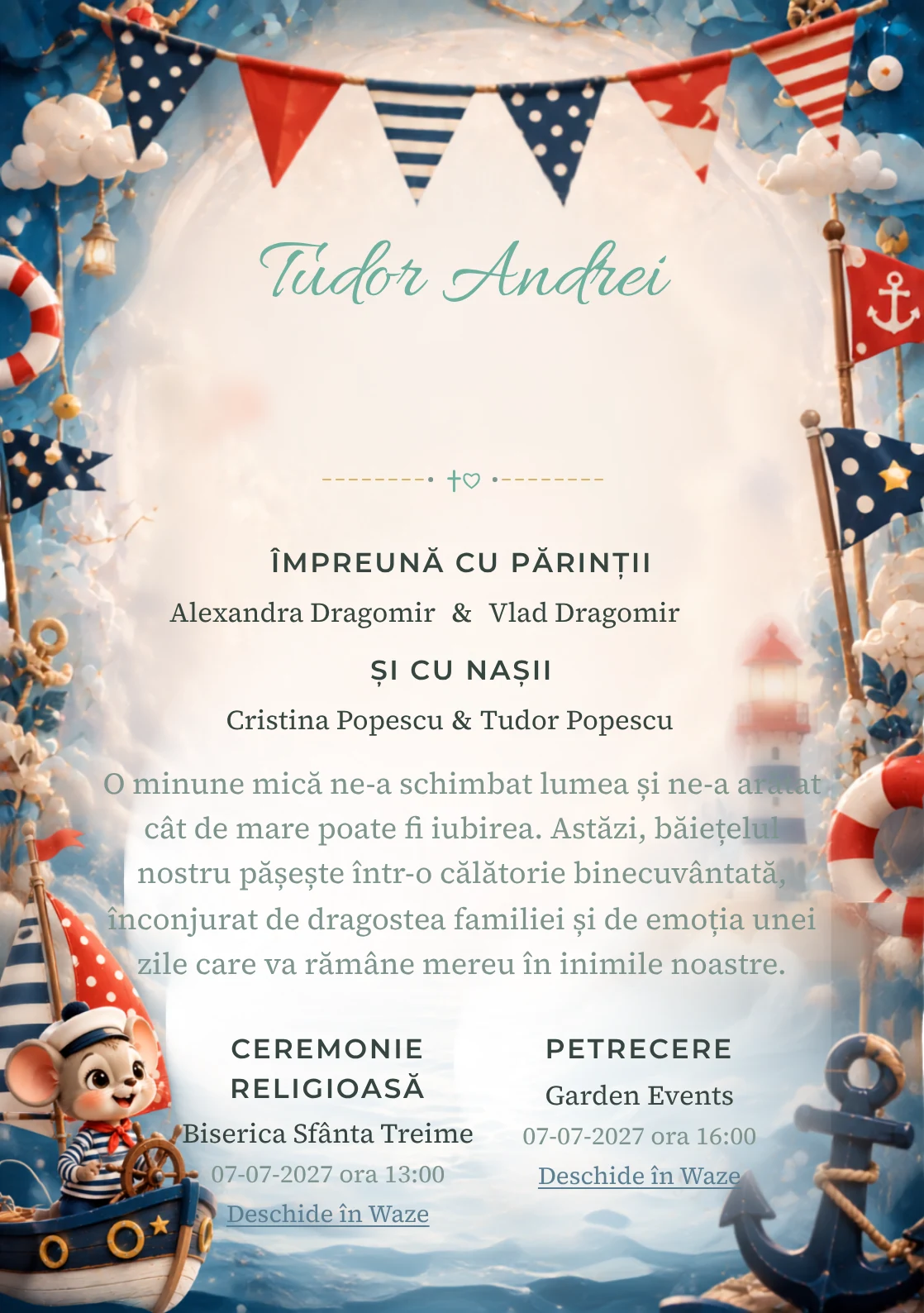 Designul Mickey Marinar, din gama de invitații digitale botez, reunește Mickey Mouse într-o barcă imaginară cu vele grafice cu ancore și colaci.