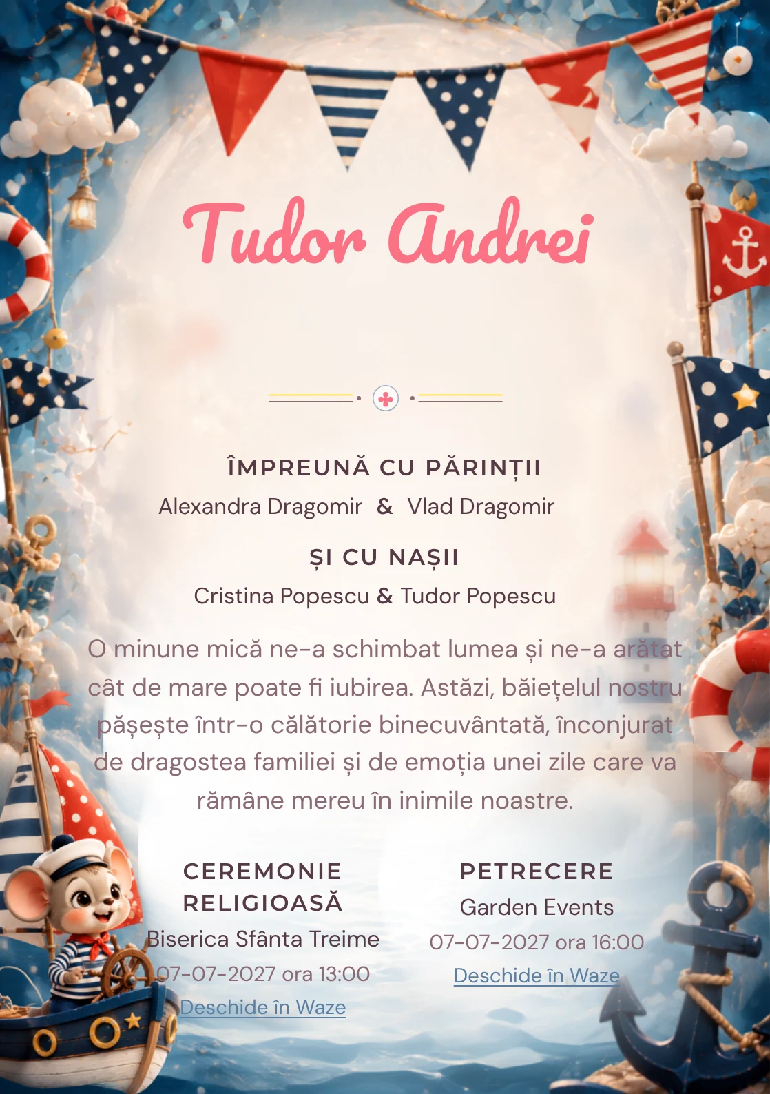 Designul Mickey Marinar, din gama de invitații digitale botez, reunește Mickey Mouse într-o barcă imaginară cu vele grafice cu ancore și colaci.
