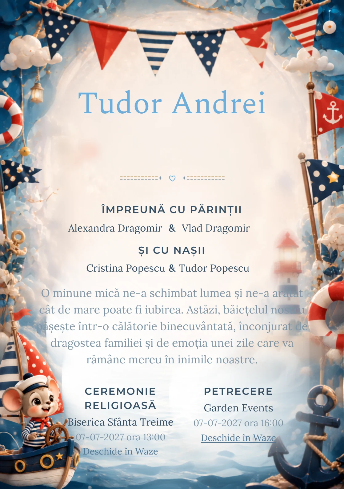 Designul Mickey Marinar, din gama de invitații digitale botez, reunește Mickey Mouse într-o barcă imaginară cu vele grafice cu ancore și colaci.